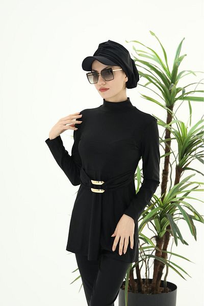 NS Tasarım Tesettür Mayo Aren Gold Buckle Detailed Design Hijab Swimsuit Set