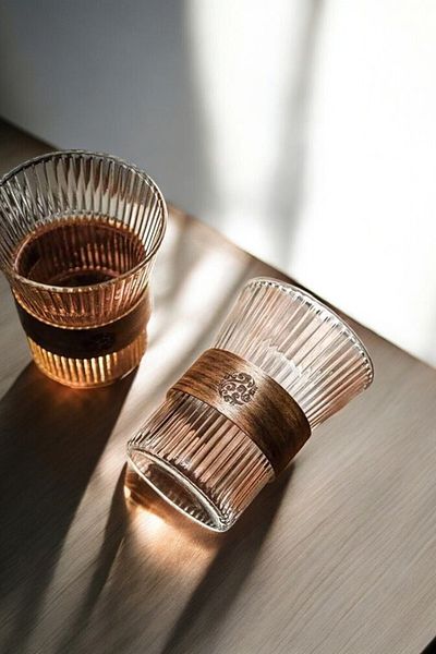 Mirilliahome 350ml Heat Resistant Wood Detailed Origami Glass Cup - Coffee and Presentation Cup Set of 2