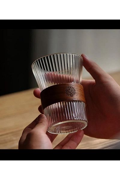 Mirilliahome 350ml Heat Resistant Wood Detailed Origami Glass Cup - Coffee and Presentation Cup Set of 2