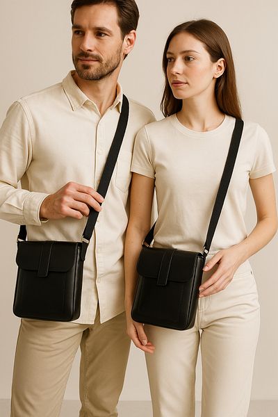 natderi Genuine Leather Unisex Shoulder and Messenger Bag - Black Color with Adjustable Strap 20X25 cm