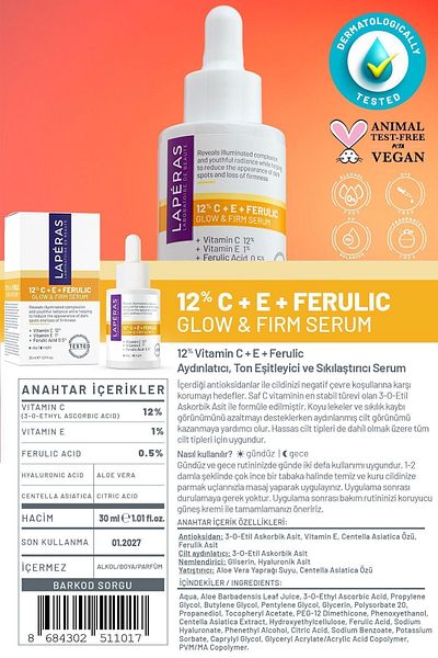 LAPERAS Brightening Anti-Blemish 12% Vitamin C E Ferulic Hyaluronic Tone Equalizing Vegan Skin Serum