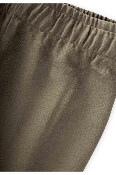 Cigit Ruffled Waist Loose Linen Trousers 2-7 Years Khaki Green