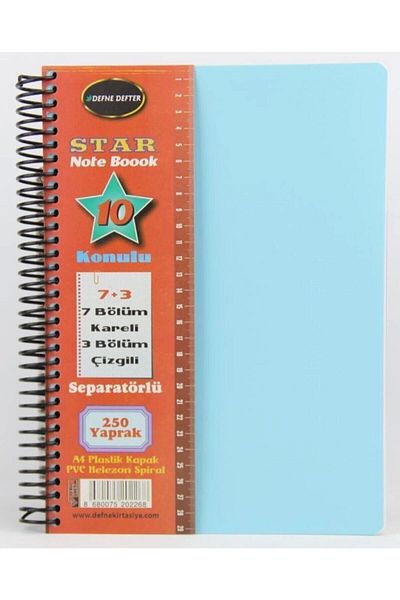 Defne دفتر ملاحظات ذو غلاف بلاستيكي مقاس A4 من Star Spiral، 7 مربعات، 3 خطوط، 250 ورقة باللون الأخضر
