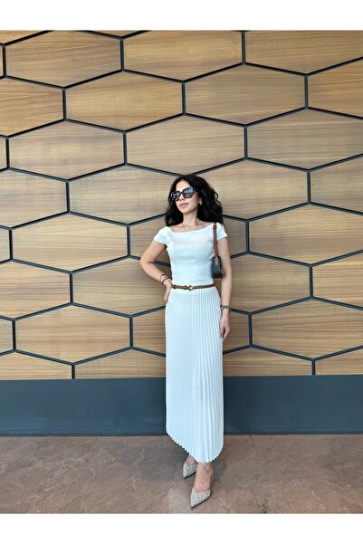 thesunfyre Γυναικεία Λευκή Ελαστική Μέση Επίπεδη Πλισέ Φούστα Midi μήκους