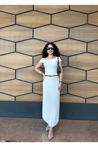 thesunfyre Γυναικεία Λευκή Ελαστική Μέση Επίπεδη Πλισέ Φούστα Midi μήκους