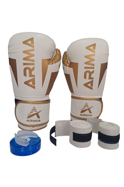 ARIMA Arıma Nova-4 Boxing Kickboxing Muaythai Ediveni White-Gold (8Oz-10Oz-12Oz) + Bandage + Mouthguard Set