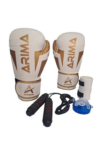 ARIMA Arıma Nova-4 Boxing Kickboxing Muaythai Ediveni White (8Oz-10Oz-12Oz) Jump Rope + Bandage + Mouthguard Set