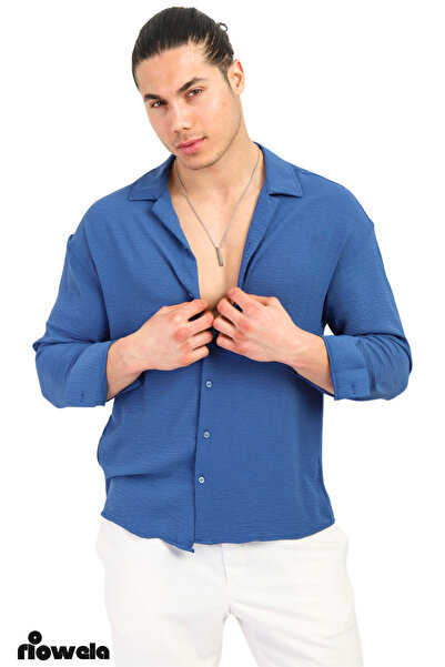 Riowela Erkek Yazlık Dokulu Oversize Gömlek Indigo Mavi
