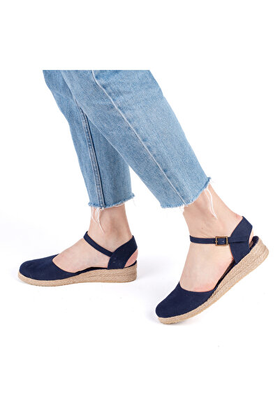 Star Tombis Gerçek Elişi Topuğu Açık Bilekten Bantlı 3cm Dolgu Topuk Keten Hasır Espadril Handmade