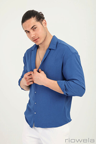 Riowela Erkek Yazlık Dokulu Oversize Gömlek Indigo Mavi