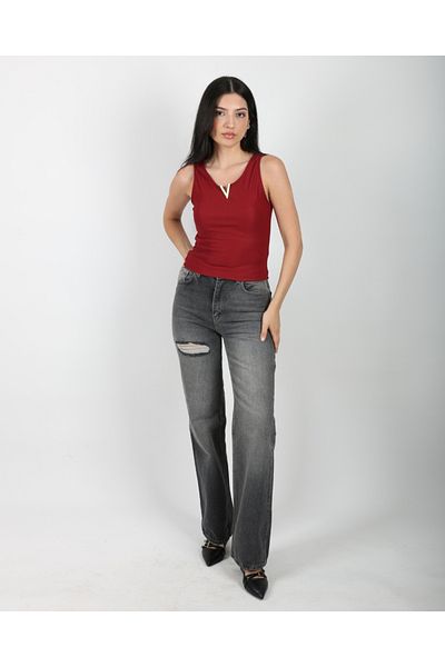 DEQ FASHION Women's Burgundy V-Neck Accessory Ribbed Strap Tank Top
