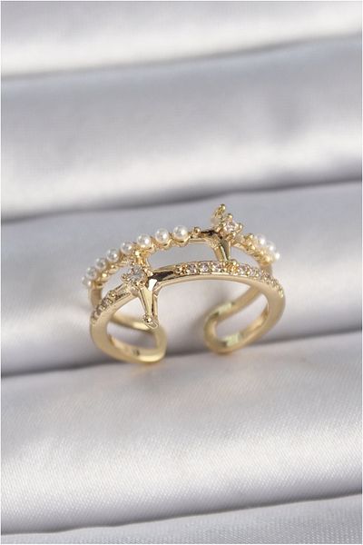 Skygo Gold Brass - Adjustable Zircon Stone Star Model Women's Ring Tj-Byk3392