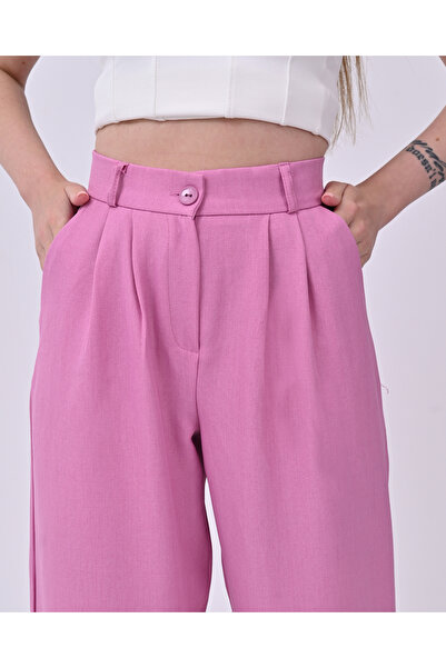 polle Pantaloni Palazzo de damă din in roz cu talie înaltă
