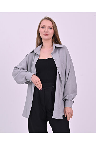 polle Tek Cepli Oversize Keten Gömlek- Gri