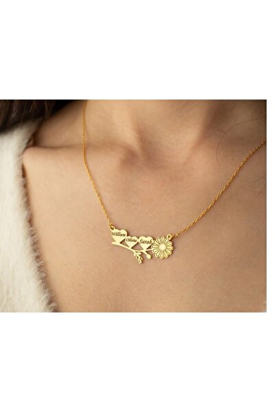 GÜMÜŞ Kişiye Özel 3 Kalpli 3 Isimli Papatya Altın Kaplama Kolye