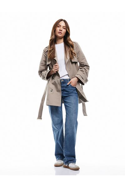 Koton Double Breasted Gabardine Trench Coat with Wind Cap Pocket Belt and Buttons