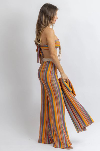 FASHION COCKTAIL 1970S Wave Striped Phosphor Colored Neck Back Tie Crop Pants Lycra Stretchy Summer Suit