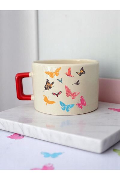 lili hediyelik Butterfly Printed 3-Piece Ceramic Mug