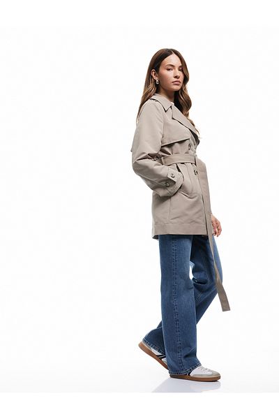 Koton Double Breasted Gabardine Trench Coat with Wind Cap Pocket Belt and Buttons