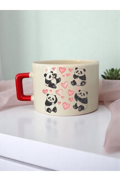 lili hediyelik Heart and Panda Printed 3-Piece Ceramic Mug
