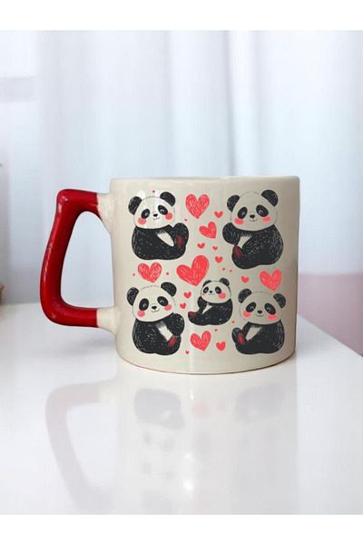 lili hediyelik Heart and Panda Printed 3-Piece Red Handled Coffee Cup Mug