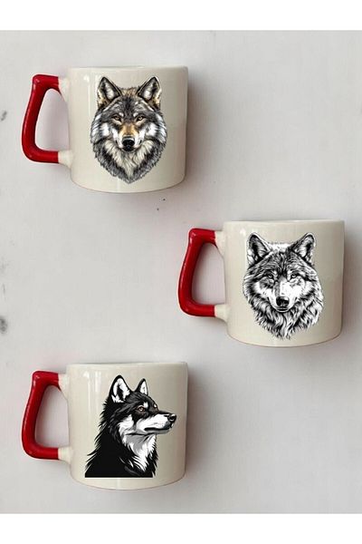 lili hediyelik Wolf Printed 3-Piece Red Handled Coffee Mug