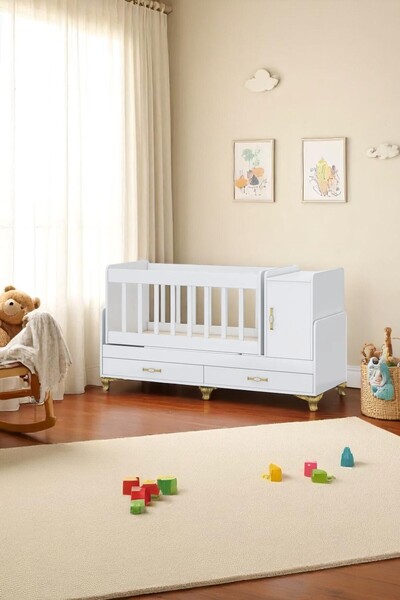 temosan 2 Çekmeceli 1 Kapaklı Karyola Olabilen Sallanır Bebek Beşiği Sarı Uyku Setli