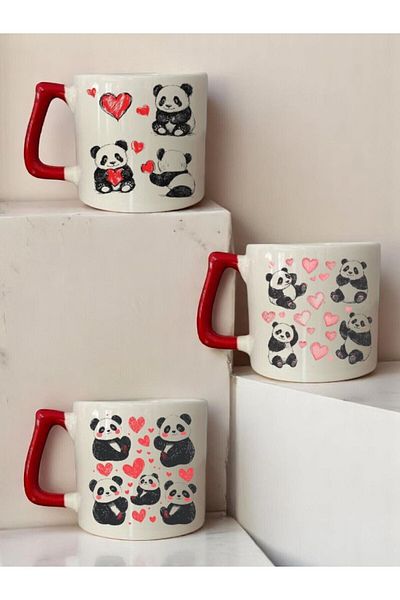 lili hediyelik Heart and Panda Printed 3-Piece Red Handled Coffee Cup Mug