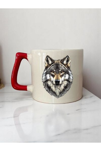 lili hediyelik Wolf Printed 3-Piece Red Handled Coffee Mug