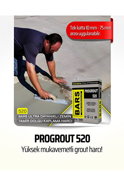 BARS Progrout 520 Grout Harcı, Yüksek Mukavemetli, Büzülmez, Akışkan Ve Kolay Uygulama 25 Kg