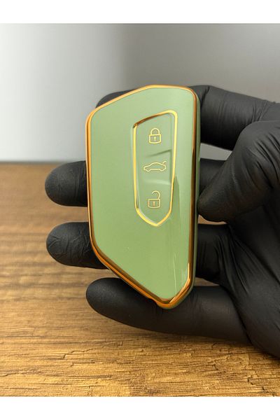 Luxe Aksesuarr Volkswagen-Skoda-Seat 2021-2023 Smart 3-Button Silicone Key Protection Case Green Color