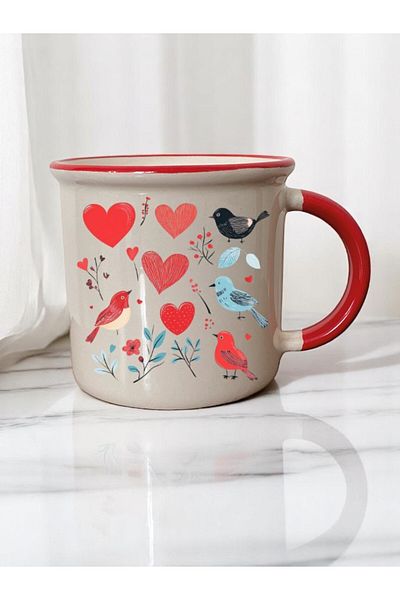 lili hediyelik Heart Birds Printed 3-Piece Red Ceramic Mug Cup Coffee Cup