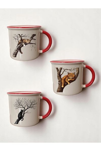 lili hediyelik Cat on the Tree Printed 3-Piece Red Ceramic Mug Cup Coffee Cup