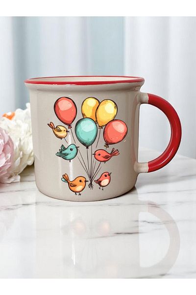 lili hediyelik Balloons Birds Printed 3-Piece Red Ceramic Mug Cup Coffee Cup