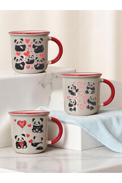 lili hediyelik Heart Panda Printed 3-Piece Red Ceramic Mug Cup Coffee Cup