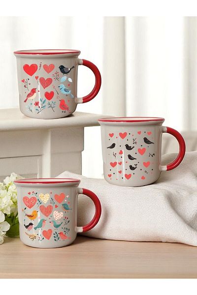 lili hediyelik Heart Birds Printed 3-Piece Red Ceramic Mug Cup Coffee Cup