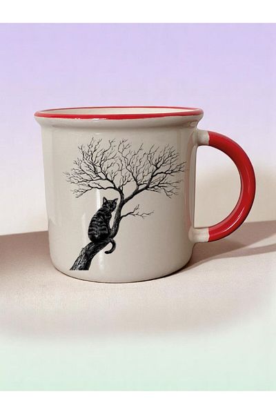 lili hediyelik Cat on the Tree Printed 3-Piece Red Ceramic Mug Cup Coffee Cup
