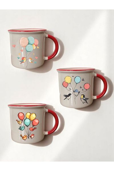 lili hediyelik Balloons Birds Printed 3-Piece Red Ceramic Mug Cup Coffee Cup