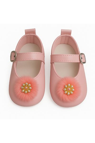 mia mia Baby Girl First Step Booties with Ornamental Pompom, Size 18-19
