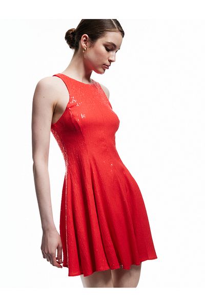 Koton Slim Fit Lined Sleeveless Sequin Sequined Halter Neck Mini Dress