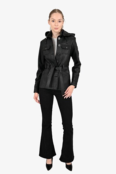 ALİN Sansa Kadın Siyah Kapüsonlu Hakiki Deri Ceket Beden Ölçüleri Görselde