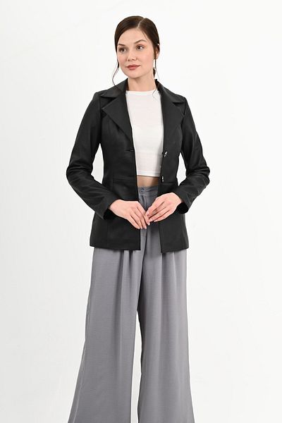 ALİN Brienne Women's Black Blazer Genuine Leather Jacket Size Measurements Visual