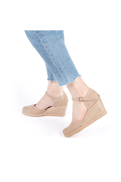 Star Tombis Gerçek Elişi Bilekten Bantlı Topuğu Açık Keten Espadril Dolgu Top...