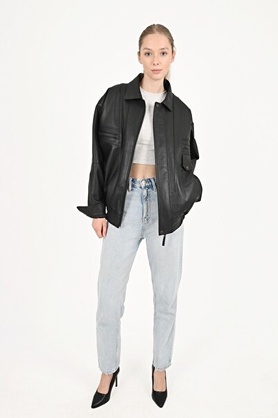 ALİN Beirut Kadın Siyah Oversize Hakiki Deri Mont Beden Ölçüleri Görselde