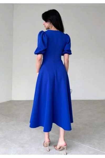 Cbm Women's Short Balloon Sleeve Crew Neck Wide Cut Janjan Crepe Dress
