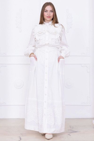 lodmela Rose Design and Lace Detail Cotton Double Suit 4710-White