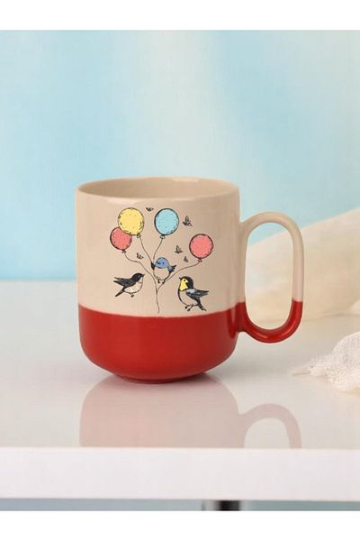 lili hediyelik Balloons Birds Printed 3-Piece Red Base Ceramic Mug Cup Gift Coffee Cup