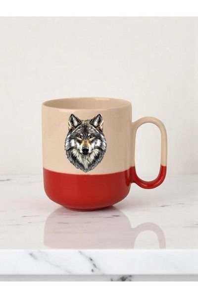lili hediyelik Wolf Printed 3-Piece Red Base Ceramic Mug Cup Gift Coffee Mug