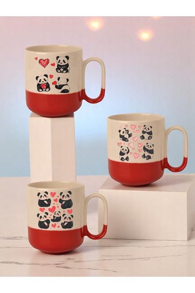 lili hediyelik Panda and Heart 3-Piece Red Base Ceramic Mug Cup Gift Coffee Cup