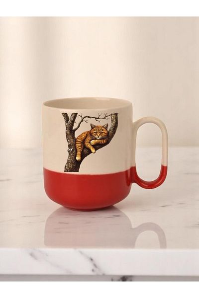 lili hediyelik Cat on the Tree Printed 3-Piece Red Base Ceramic Mug Cup Gift Coffee Mug